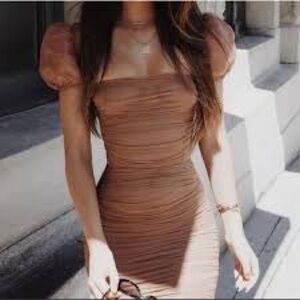 House of CB Brown Ruched Square Neck Mini Dress - size S